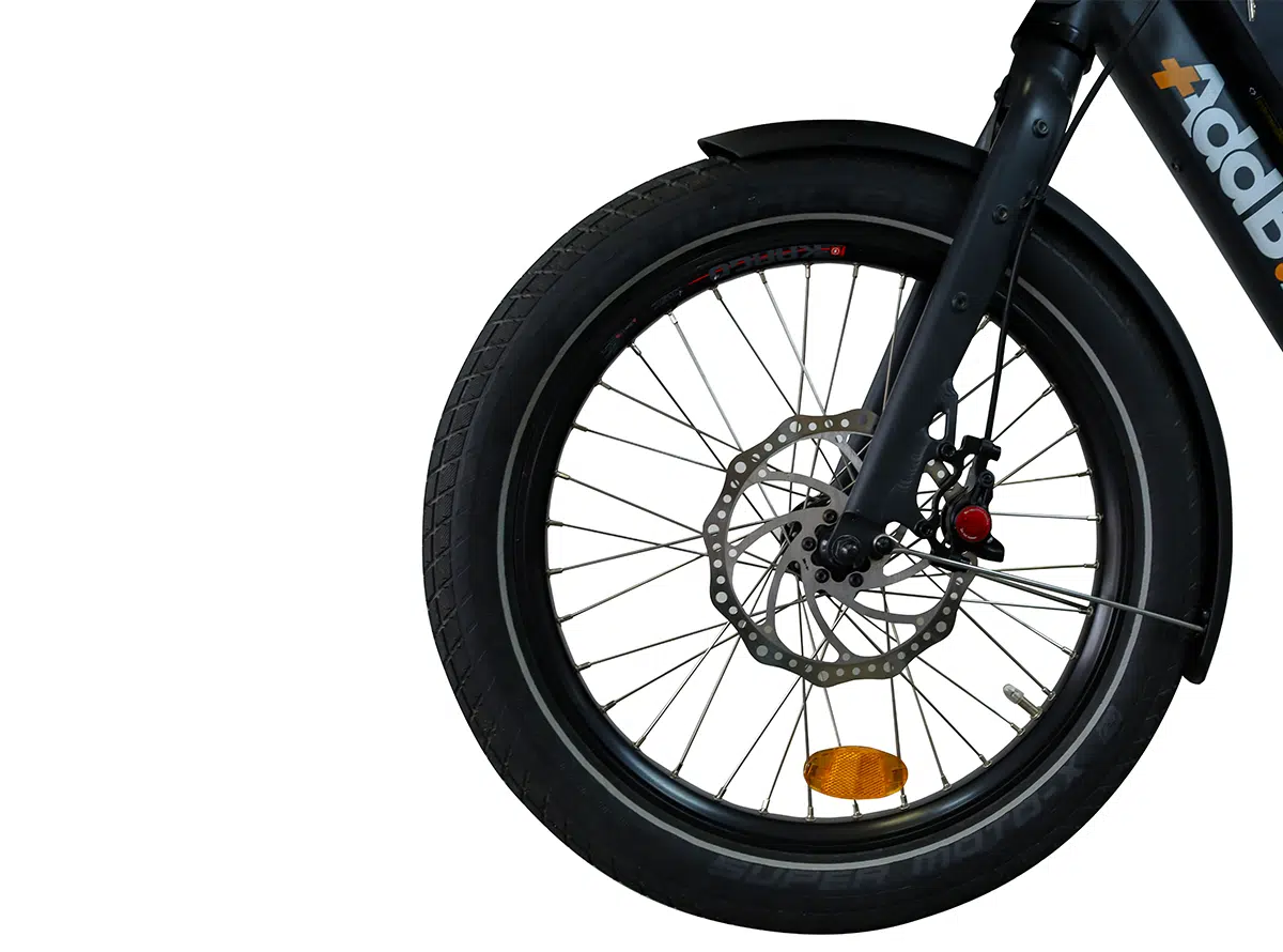 Vélo cargo électrique famille gris_Zoom roue avant