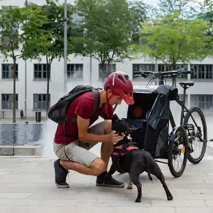 Comment transporter son chien en vélo : homme et son chien devant la Carry'Dog