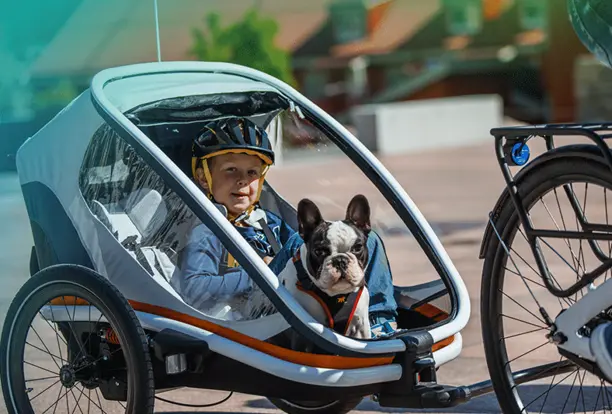 Une remorque vélo charge 100 kg : une remorque avec un enfant et un chien